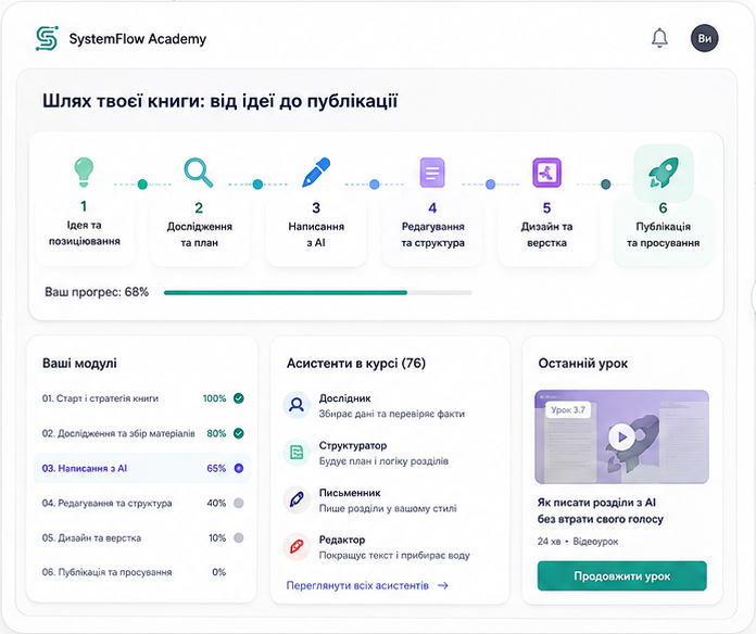 Кабінет курсу SystemFlow Academy зі шляхом створення книги та навчальними модулями